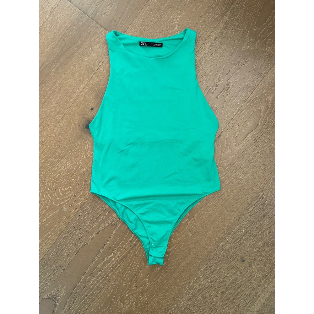 Zara Womens Green High Neck Sleeveless Bodysuit Size Medium Racerback Stretch